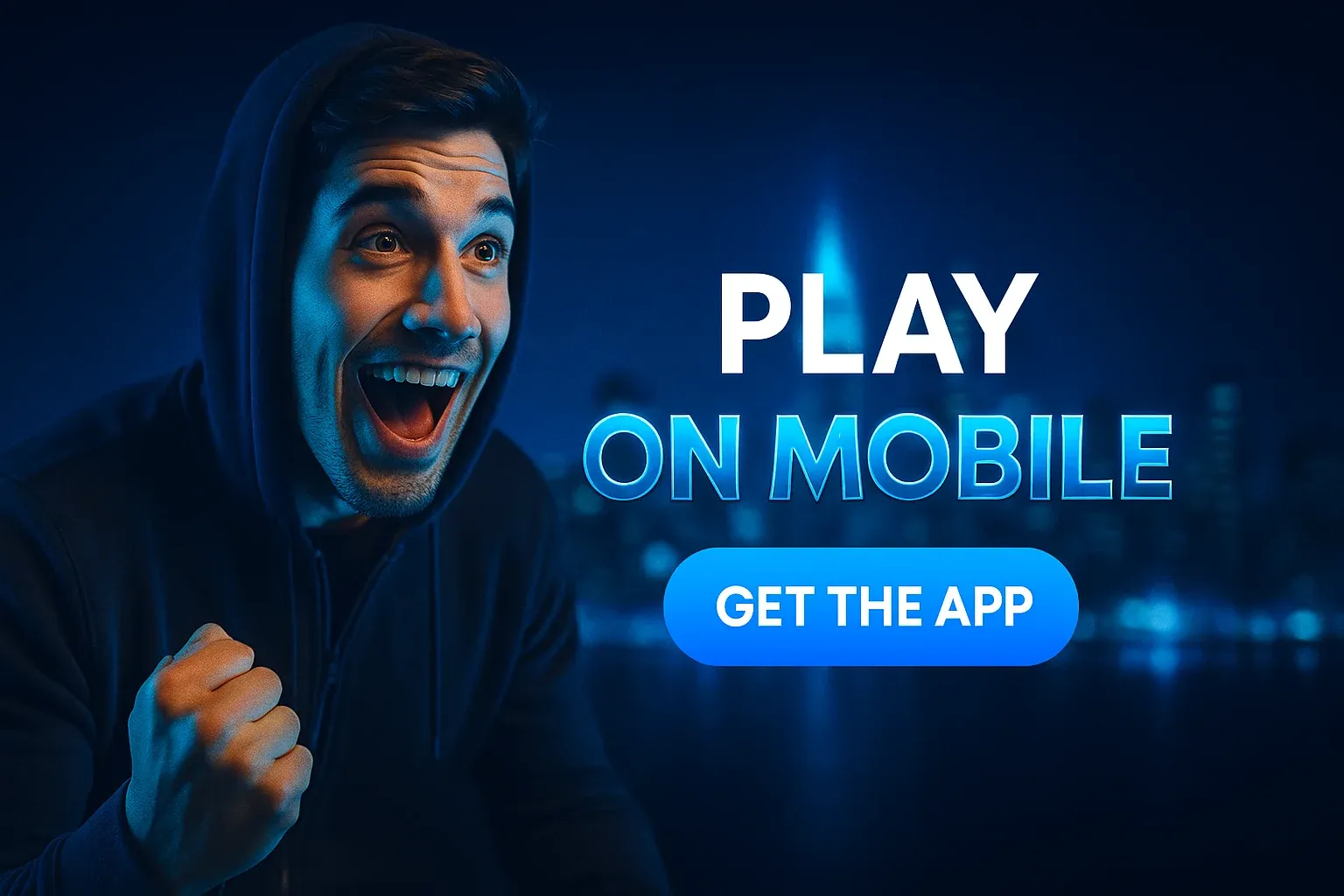 Photorealistic casino banner with British man, neon blue glow, mobile app CTA