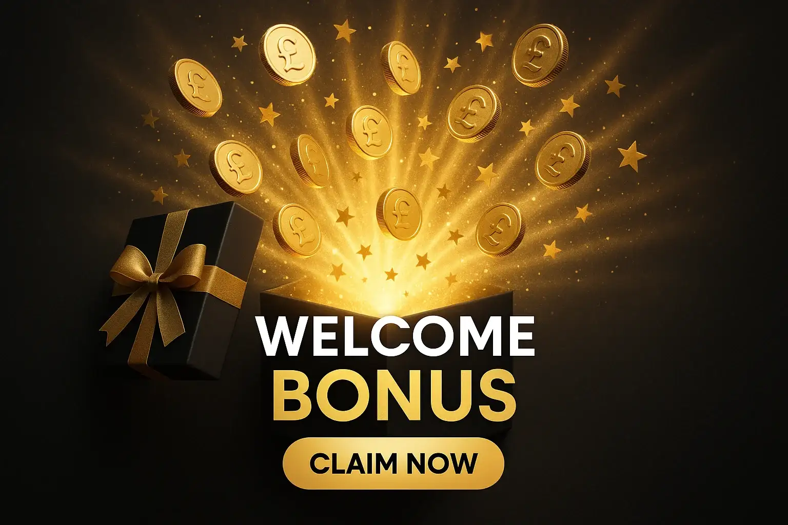 Photorealistic casino banner with luxury gift box, pound coins and welcome bonus text