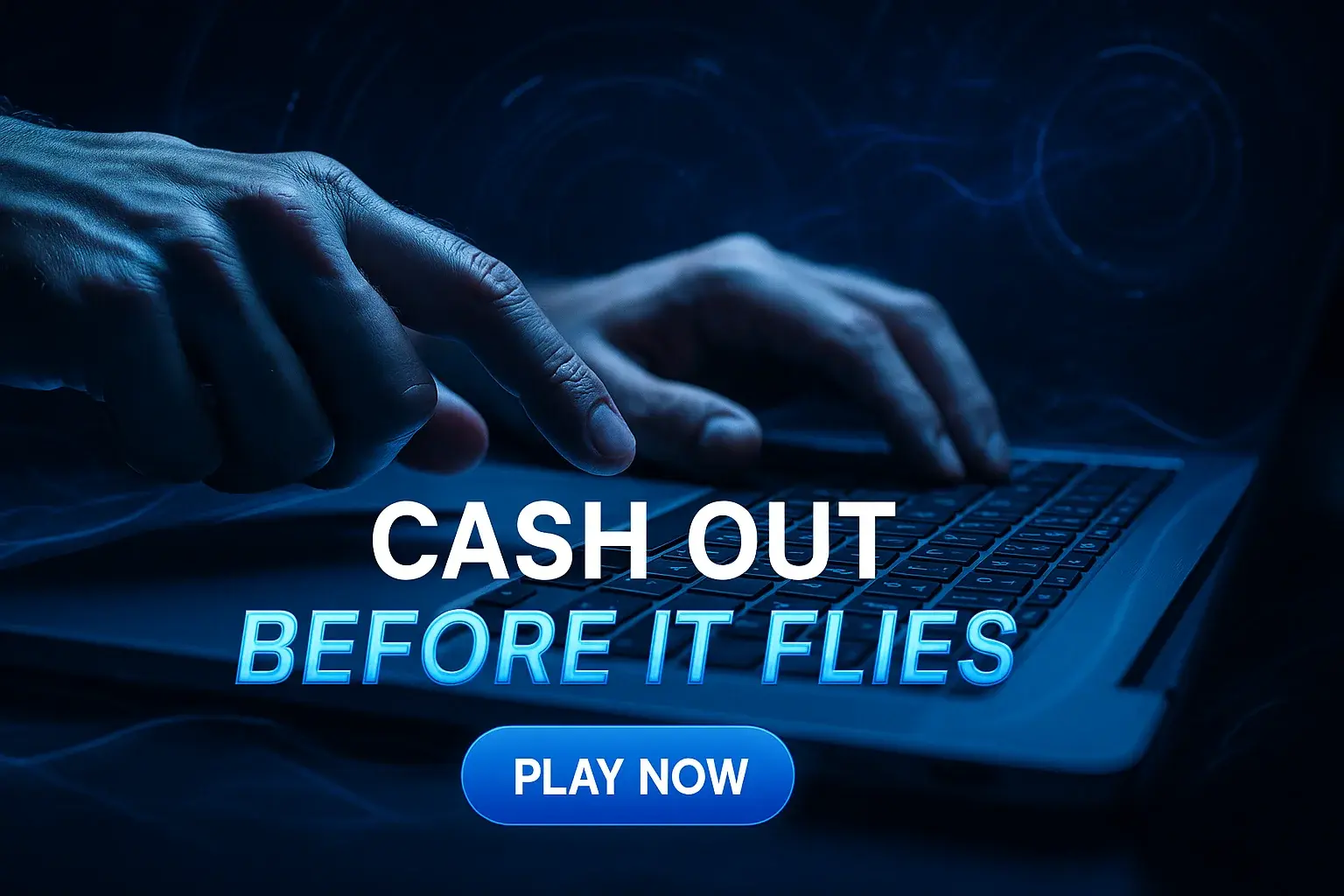 Photorealistic casino banner with tense laptop hands and cash out text