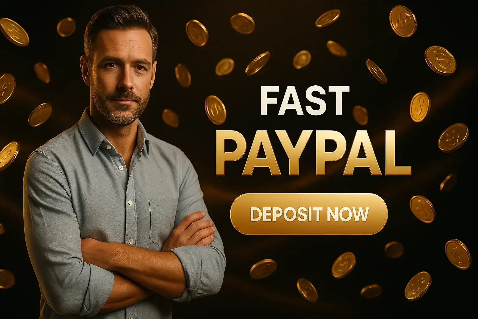 Photorealistic casino banner with British man, floating gold coins and CTA