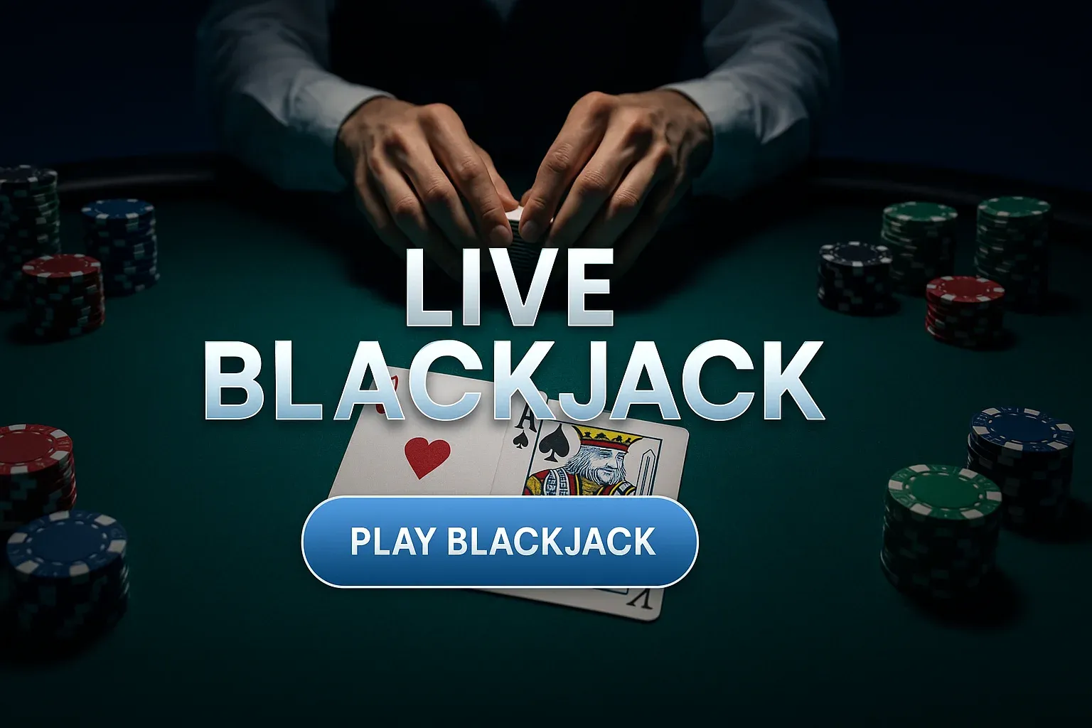 Photorealistic live blackjack table banner with cards, chips, dealer hands and CTA