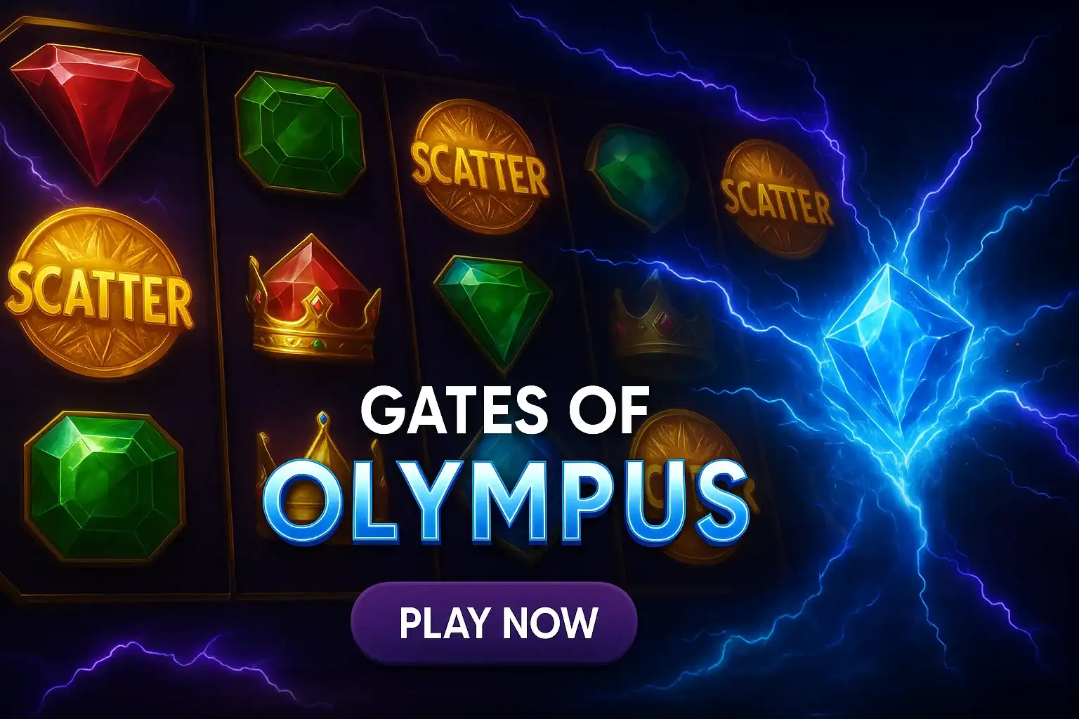 Photorealistic slot reels with purple lightning, glowing scatter symbols and CTA